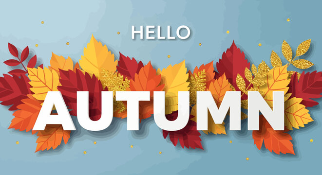 A vibrant autumn design featuring colorful leaves and the words 'Hello Autumn' against a light blue background.