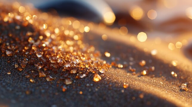 Brown sugar crystals glisten on soft sandy texture by the shore at sunset