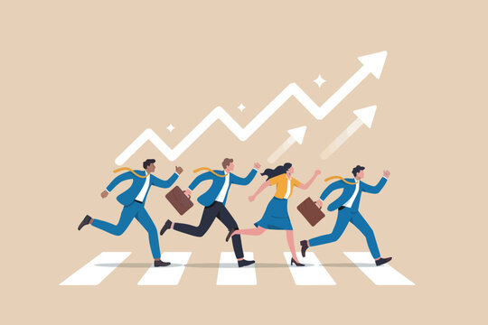 Business team running on a zebra crossing with upward growth arrows, symbolizing career progression and success in competition