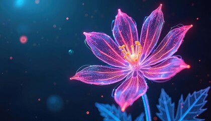 Abstract digital flower glows with neon pink and blue light. Delicate luminous petals unfurl on a dark background with bokeh effects. Futuristic botanical art.