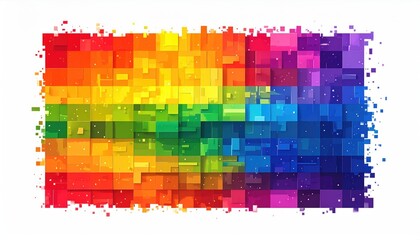 Rectangular pixel rainbow mosaic with grainy, scattered edge
