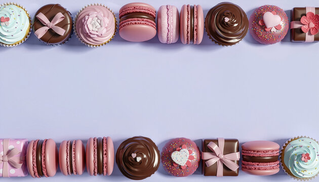 Top View of Valentine's Day Sweets Frame with Cupcakes, Macarons, and Chocolates on Purple Background