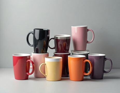 Collection of colorful ceramic mugs neatly arranged on a plain gray surface. Various cups with handles are stacked and grouped creating a visually appealing composition for beverage advertising.