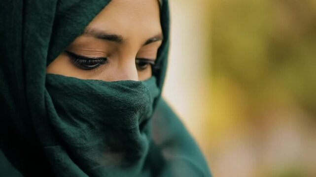 Portrait of a woman with hijab, closed eyes in front of soft background, useful for representation