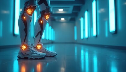 Obraz premium Futuristic glowing leg exoskeleton with advanced tech. Robot limb augmentation enhances mobility and prevents injury. Modern prosthetics aid walking and athletic performance in futuristic style.