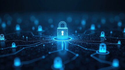 Glowing blue digital padlocks connected across network grid representing cybersecurity, blockchain, data protection, encrypted communication, and distributed security infrastructure