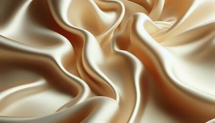 Soft, flowing satin folds create an elegant abstract background in warm beige, white, champagne and ivory tones, showcasing smooth texture, gentle highlights, and luxurious premium design
