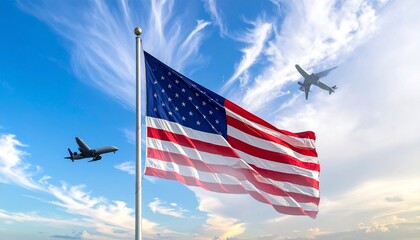 American flag waving in wind beneath flying airplane, set against bright blue sky with scattered clouds.