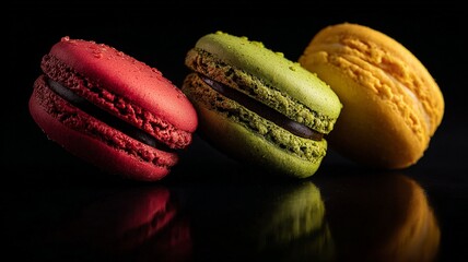 French macarons of three flavors leaning against each other in the center of the image against a black background