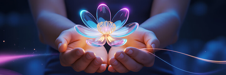 Digital lotus flower with neon glow held in hands with light stream