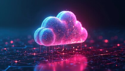 Glowing pink blue cloud sits over digital tech network. Abstract graphic shows data flow, processing, storage, AI, machine learning, computing innovation. Represents future smart global internet