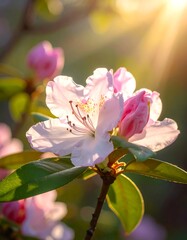 Delicate pink flower blooms in warm sunlight with soft bokeh.