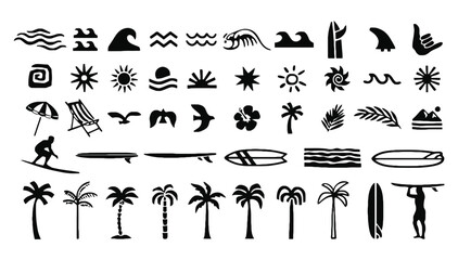 Tropical beach and surfing summer icons set black silhouettes
