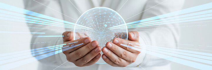 Global data network held in hands, futuristic connectivity concept