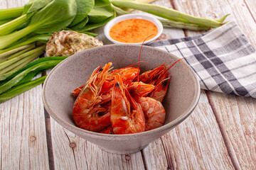 Delicous boiled tiger prawn with sauce