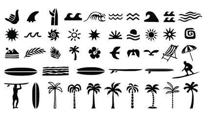 Tropical summer beach surf vacation travel recreation icon set