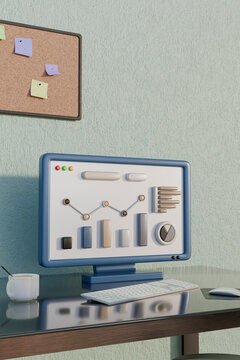 3D computer with analytics dashboard on office desk