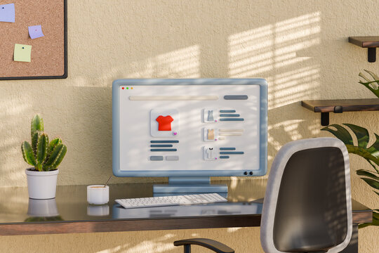 3D computer screen with ecommerce app in workspace