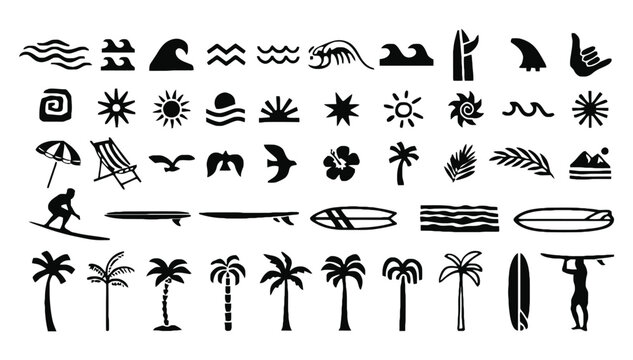 Tropical beach and surfing summer icons set black silhouettes