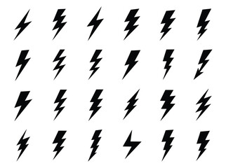Assortment of black lightning bolt icons for power and energy.