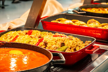 Close-up of a luxury hotel meat open buffet. Roast and grilled lamb, goat, beef and chicken, served with vegetables and sauces from the oven.