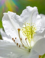 Obraz premium White flower with water droplets and bokeh background.