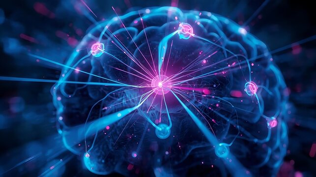 Brain with vibrant neural network connecting nodes. artificial intelligence concept.