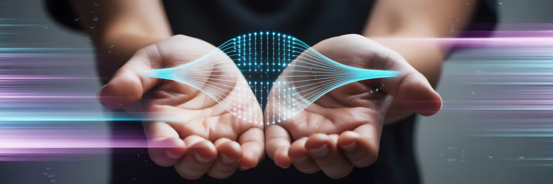 Hands cradling abstract digital data flow and network connections - Powered by Adobe