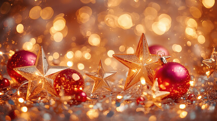 Happy New Year 2026. Beautiful Christmas background, banner of glass stars and Christmas balls.