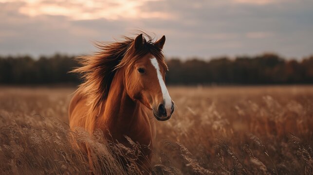 Beautiful brown horse running through tall grass during sunset in a serene field
