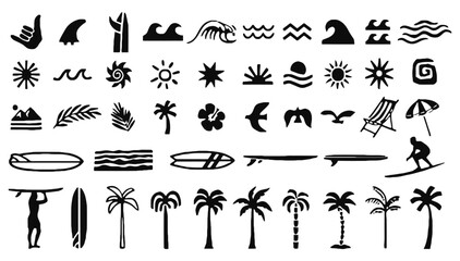 Tropical surf and beach vacation icons, elements, silhouette set