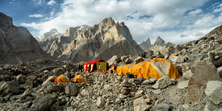 Mountain expedition camp with tents at Hoborse Camp in Karakorum Pakistan