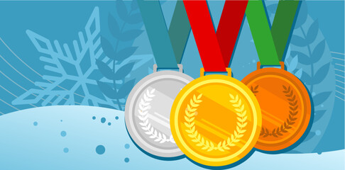 Gold, bronze and silver medals. Sports trophy, championship, with sow flakes, winter, sports competitions- banner, vector illustration background with empty space