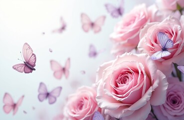 Soft pink roses bloom gracefully surrounded by delicate purple butterflies. Delicate petals drift gently in the soft light creating a peaceful romantic atmosphere. Spring garden nature scene.