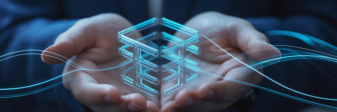 Human hands presenting glowing abstract data structure network - Powered by Adobe