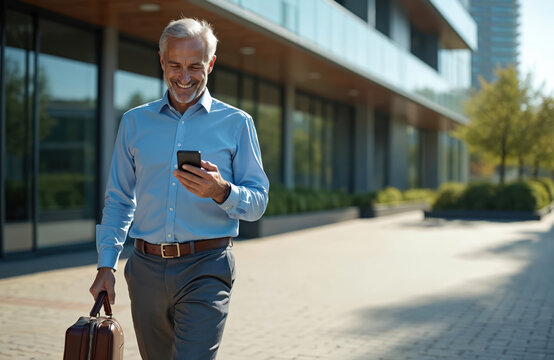 Smiling older man with grey hair walks outside with phone in hand. He holds briefcase and looks happy receiving good news on his mobile device. Successful career pro.