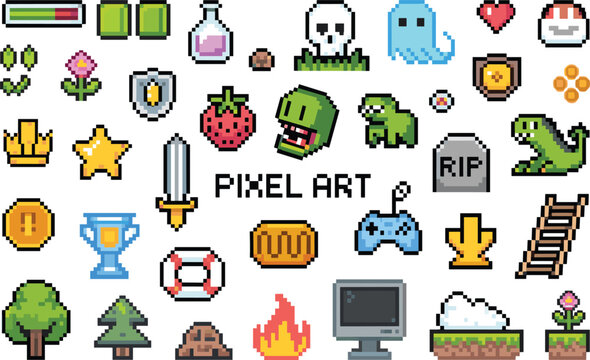 Large set of diverse pixel art game items, enemies, landscapes, inventory, retro video game assets, isolated vector collection