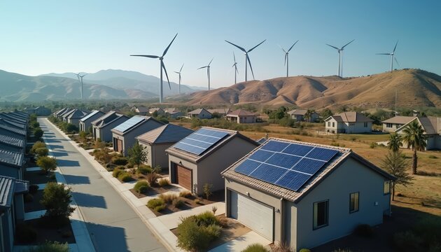 Eco-friendly houses with solar panels on roofs. Wind turbines generate power in background. Sustainable living community uses renewable resources at suburban neighborhood