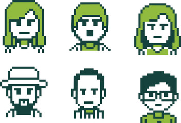 Set of six pixel art avatar icons, diverse male and female characters, user profile, retro 8-bit digital identity vector