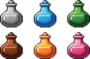 Pixel art potion bottle icons set, colorful magic alchemy elixir, health mana game assets, isolated vector illustration