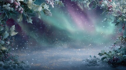 Magical Christmas, snowy Arctic scene, sparkling aurora borealis, frosted holly. Greeting card, website header, promotion.