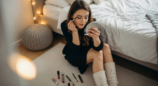 Young woman applying holiday makeup in a cozy bedroom. Female getting ready for an evening event using cosmetics and a mirror. Beauty routine and self-care concept