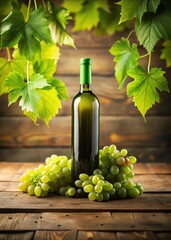 Fototapeta premium Wine bottle surrounded by lush green grapes on a wooden table
