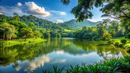 Fototapeta premium Serene landscape with lush greenery and a serene lake at Pha Dok Siao