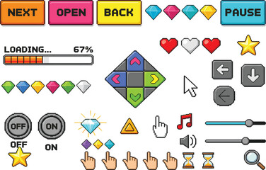 Pixel art video game user interface elements set, buttons, loading bars, icons, controls, retro 8-bit GUI vector assets