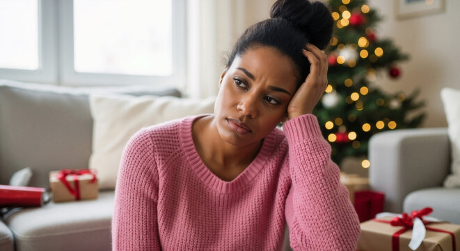Stressed woman feeling overwhelmed by holiday preparations at home. Tired african american female experiencing Christmas burnout and seasonal depression. Mental health concept