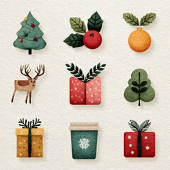 Festive Christmas icons featuring decorated tree, holly berries, ornaments, reindeer, gift boxes, and holiday cup, all painted in charming watercolor style