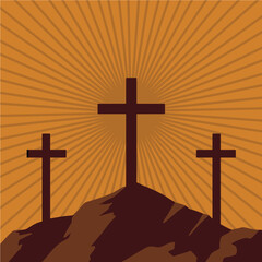 three crosses on hill religious illustration with sun rays