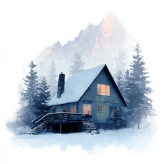 Snow covered cabin with warm glowing windows surrounded by pine trees and misty mountain in background, creating peaceful and cozy winter atmosphere