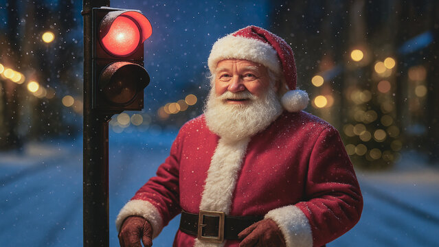 A friendly Santa in traditional red suit posing by a bright red traffic light on a snowy night, surrounded by festive holiday illumination. - Powered by Adobe